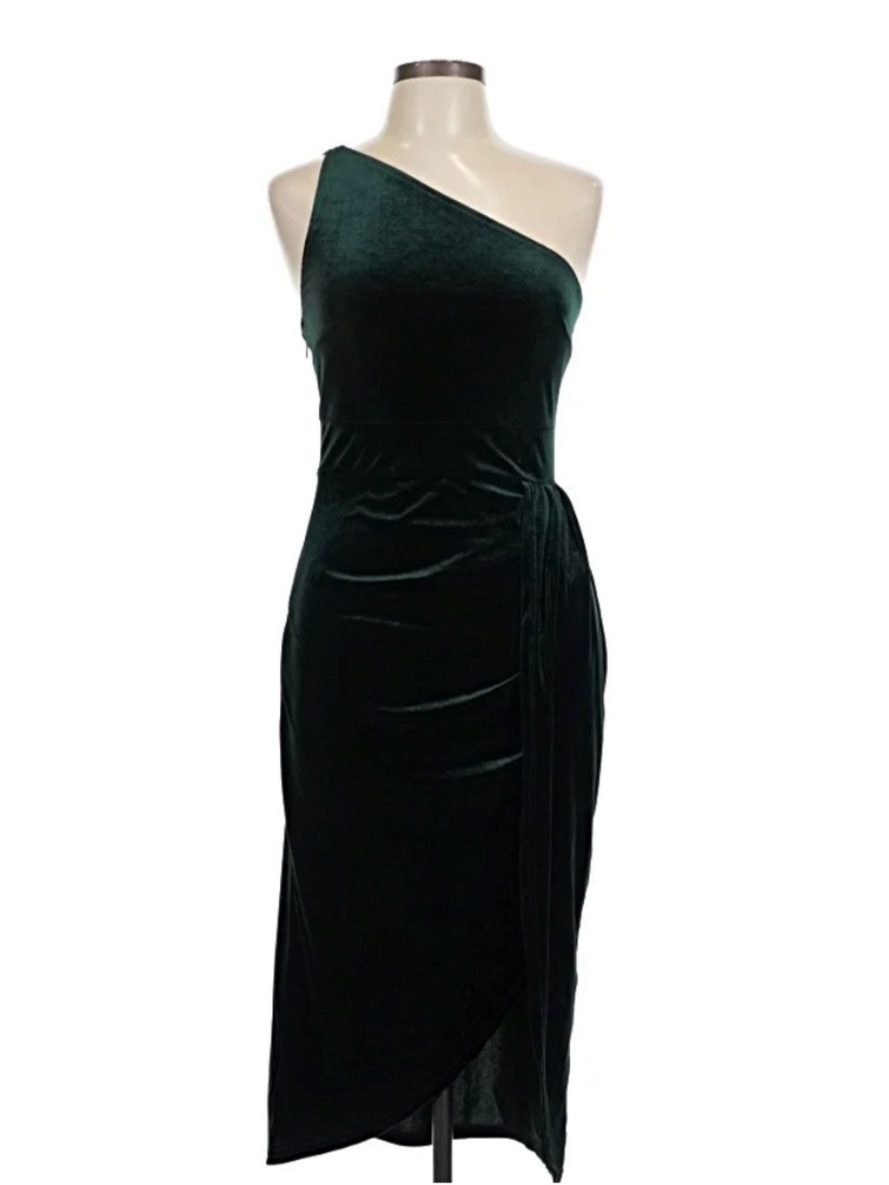 One-Shoulder Velvet Midi Dress in Forest Green